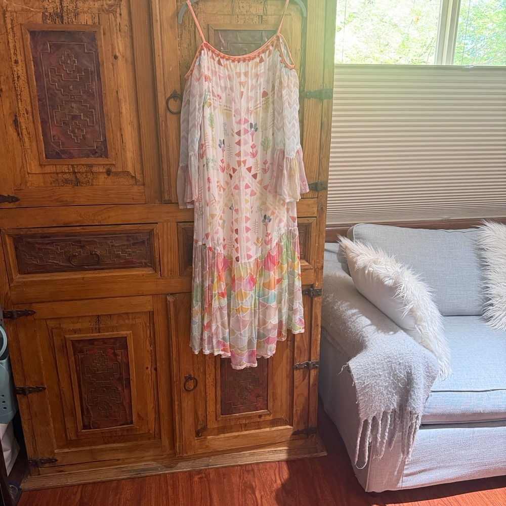 Pilcro Multicolor Printed Midi Dress in White Base with Pastel Accents